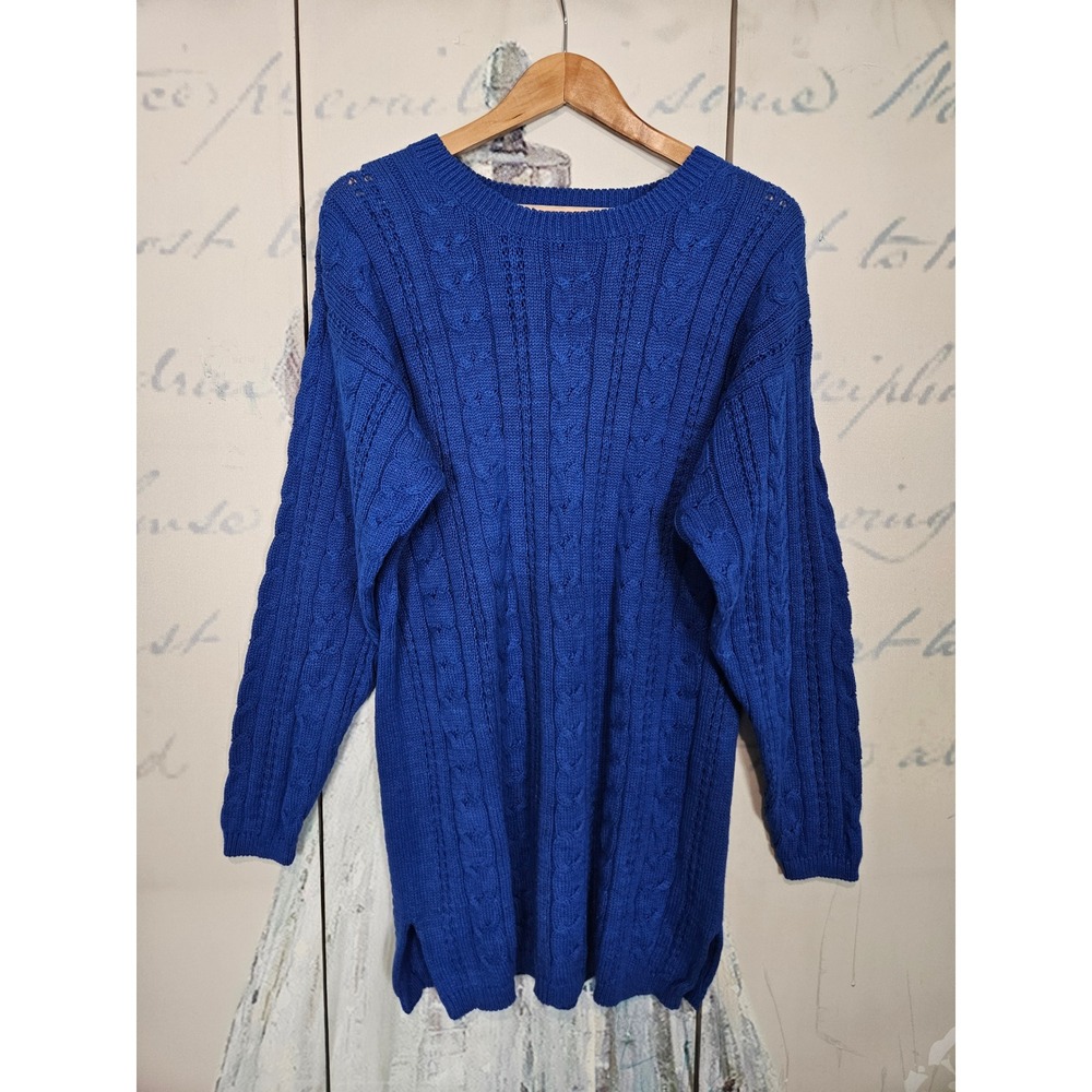 B.E. Cable Knit Sweater Large Royal Blue Ramie Cotton Chunky Crew Neck Vintage